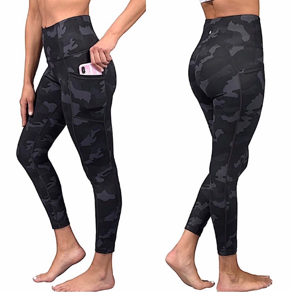 Yogalicious Lux Black Camo High Waist Stash Pockets Ankle Leggings Womens Sz S